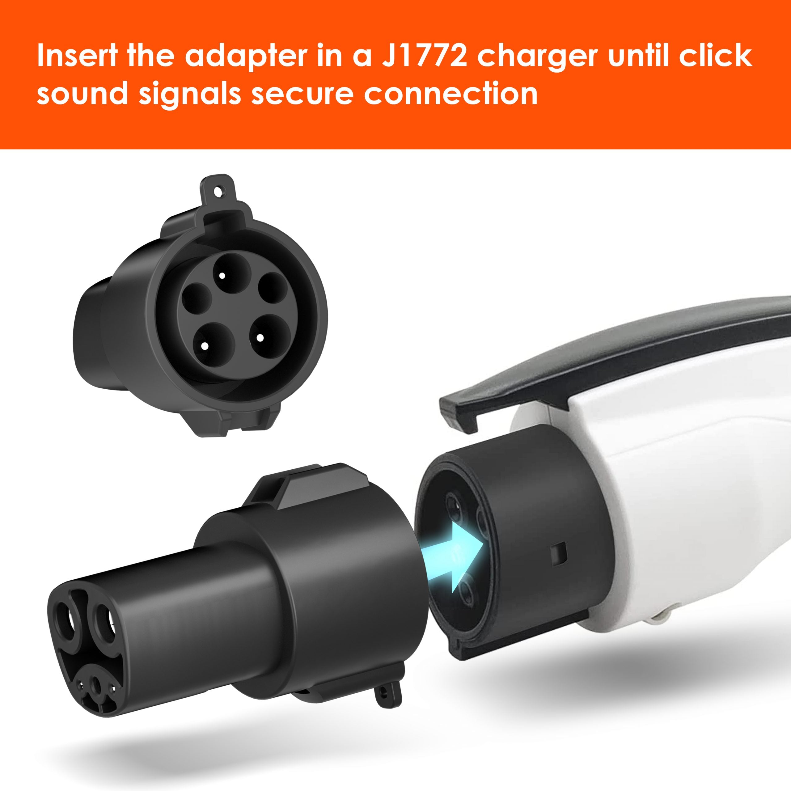 Rexing J1772 to Tesla EV charging adapter connected to a charging port, enabling Tesla vehicles to charge with J1772 connectors.