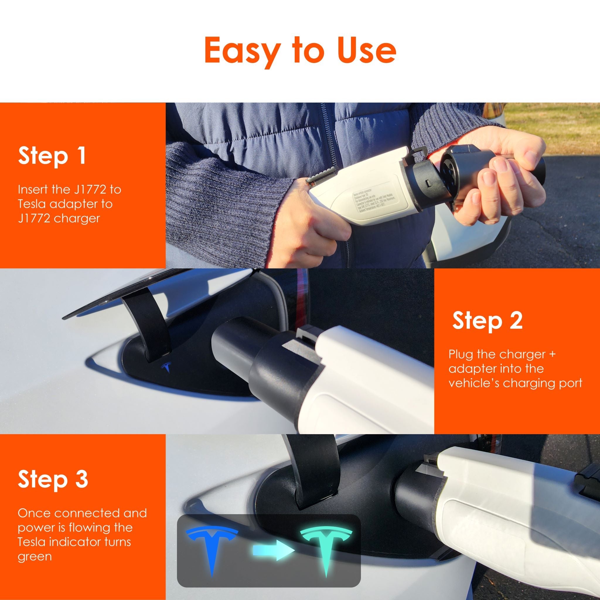 Rexing J1772 to Tesla EV charging adapter connected to a Tesla vehicle for charging at a charging station.