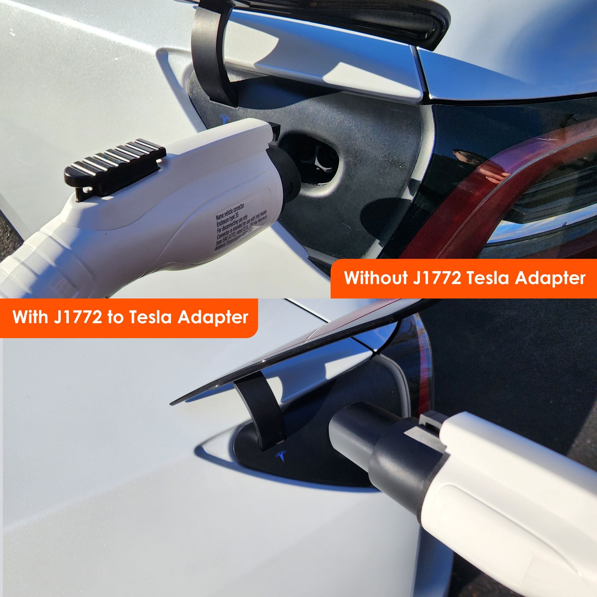 Rexing J1772 to Tesla EV charging adapter shown, connecting a J1772 plug to a Tesla charging port for electric vehicle charging.