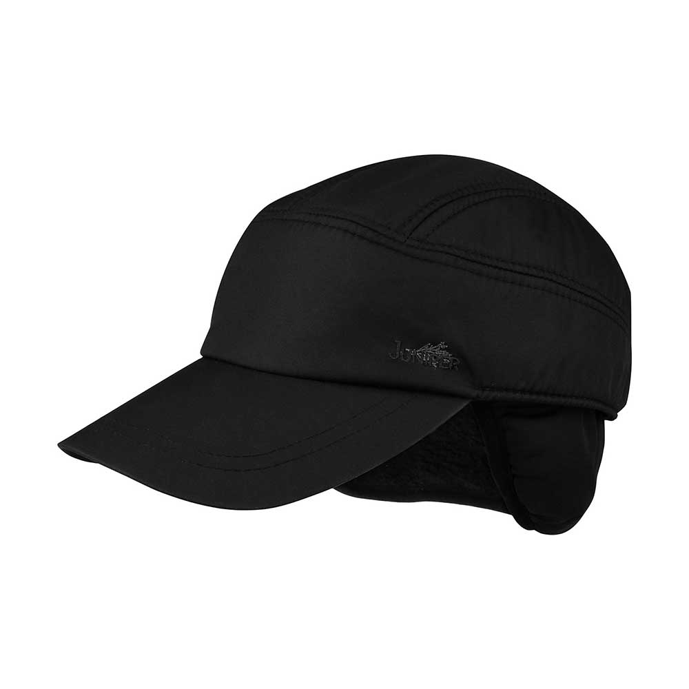 Juniper Outdoor Camper Cap in black with a curved brim and adjustable flap, designed for outdoor wear.
