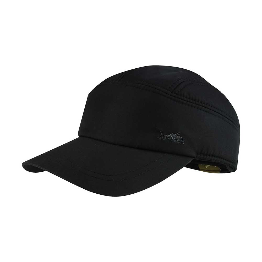 Black Juniper Outdoor Camper Cap with adjustable strap and embroidered logo, made of durable fabric.