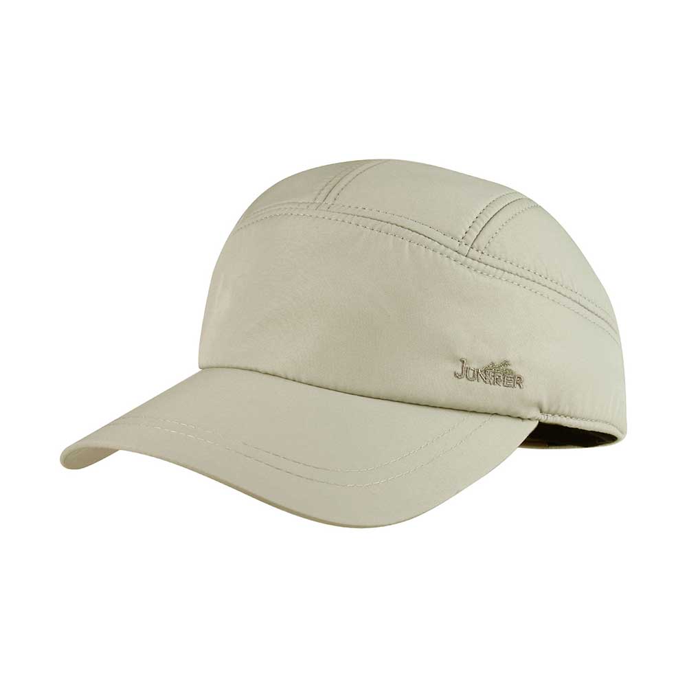 Khaki Camper cap by Juniper Outdoor shown from the front, featuring a classic brim and adjustable strap for outdoor activities.