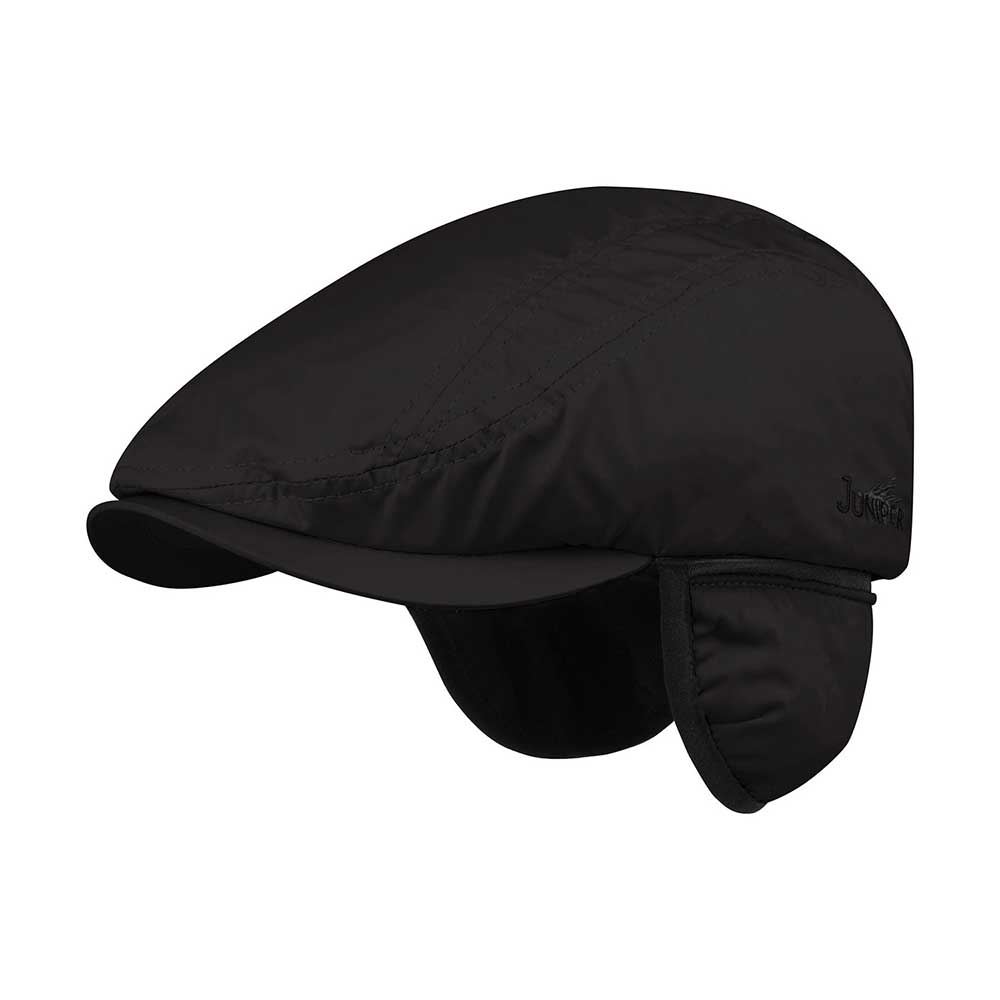 Juniper Outdoor black driver cap with adjustable strap and classic design, shown from the front on a plain background.