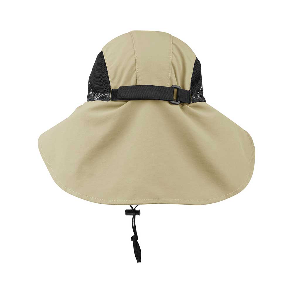 Back view of Juniper Outdoor Sunrise Hat in khaki, a wide-brim outdoor hat designed for sun protection and style.