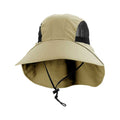 Khaki Sunrise Hat by Juniper Outdoor featuring a wide brim and adjustable strap for outdoor sun protection.