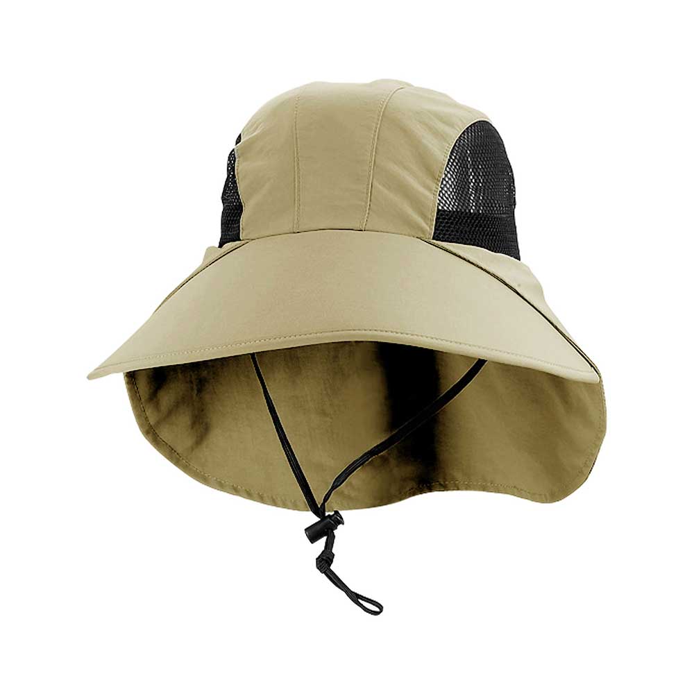 Khaki Sunrise Hat by Juniper Outdoor featuring a wide brim and adjustable strap for outdoor sun protection.