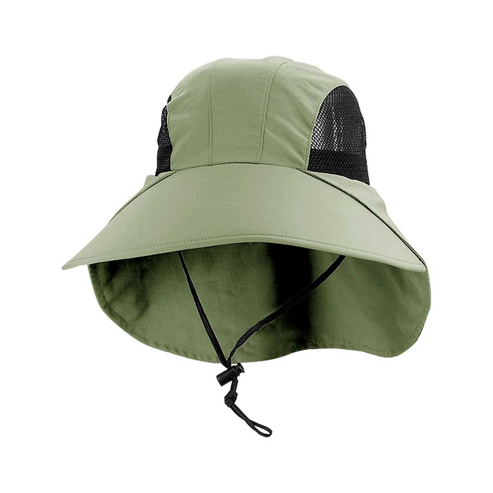 Olive green Sunrise hat by Juniper Outdoor, made of durable fabric with a wide brim for sun protection.