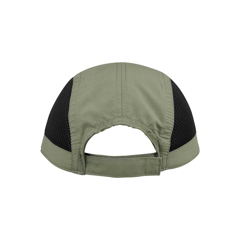 Back view of Juniper Outdoor olive and black jogger cap showing adjustable strap and breathable fabric for outdoor activities.