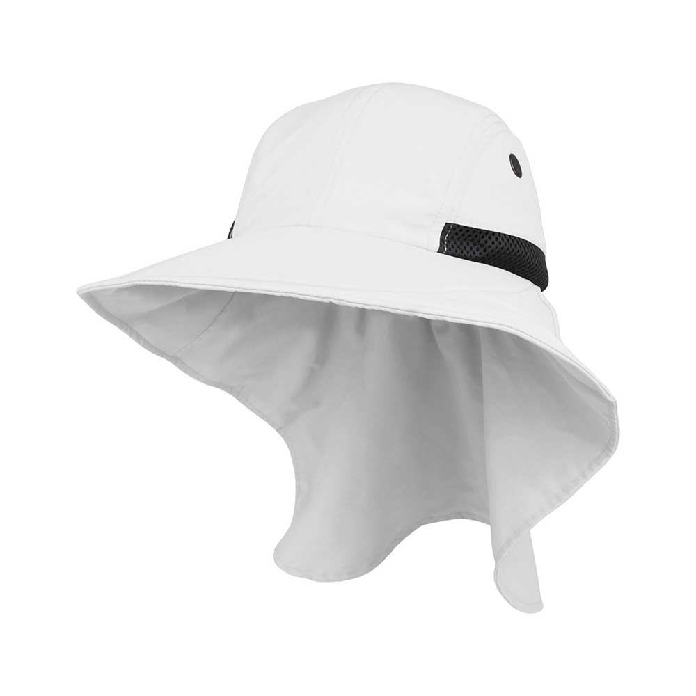 White ladies' hiker hat by Juniper Outdoor with wide brim and adjustable strap for outdoor adventures and sun protection.