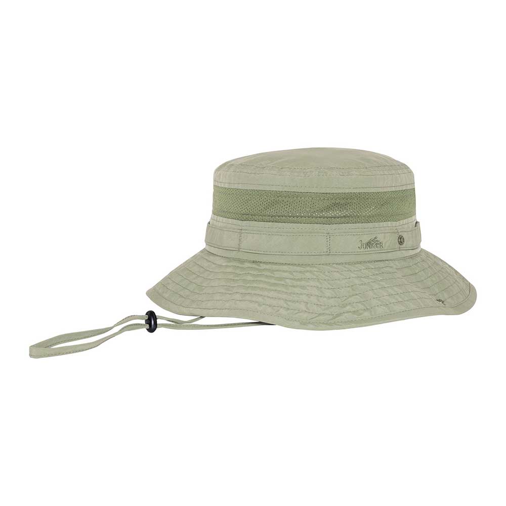 Juniper Outdoor Jungle Boonie Hat in khaki with wide brim and chin strap, designed for outdoor adventure and sun protection.