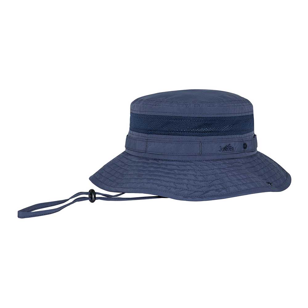 Juniper Outdoor Jungle Boonie Hat in navy, lightweight fabric with wide brim and adjustable chin strap for outdoor protection.