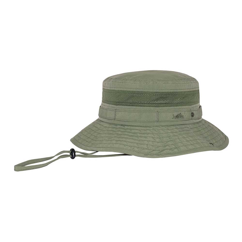 Olive green Jungle Boonie Hat by Juniper Outdoor featuring wide brim and adjustable chin strap for outdoor adventures.