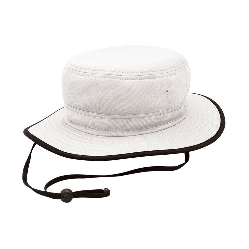 White Pro Performance Bucket Hat by Juniper Outdoor, showcasing a wide brim and durable outdoor design.