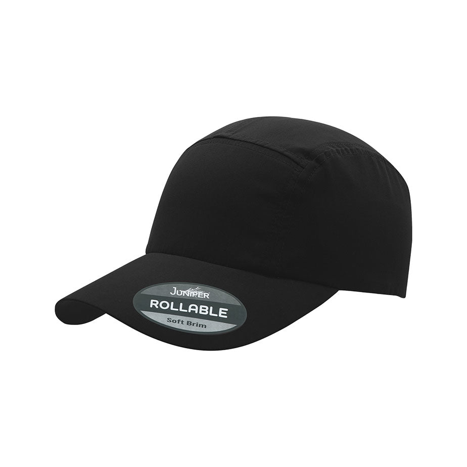 Black rollable UV biker's cap by Juniper Outdoor, featuring a compact, foldable design for outdoor activities and sun protection.