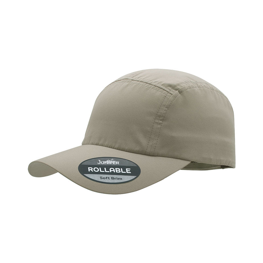 Khaki rollable UV biker's cap by Juniper Outdoor, featuring adjustable fit and lightweight design for outdoor activities.