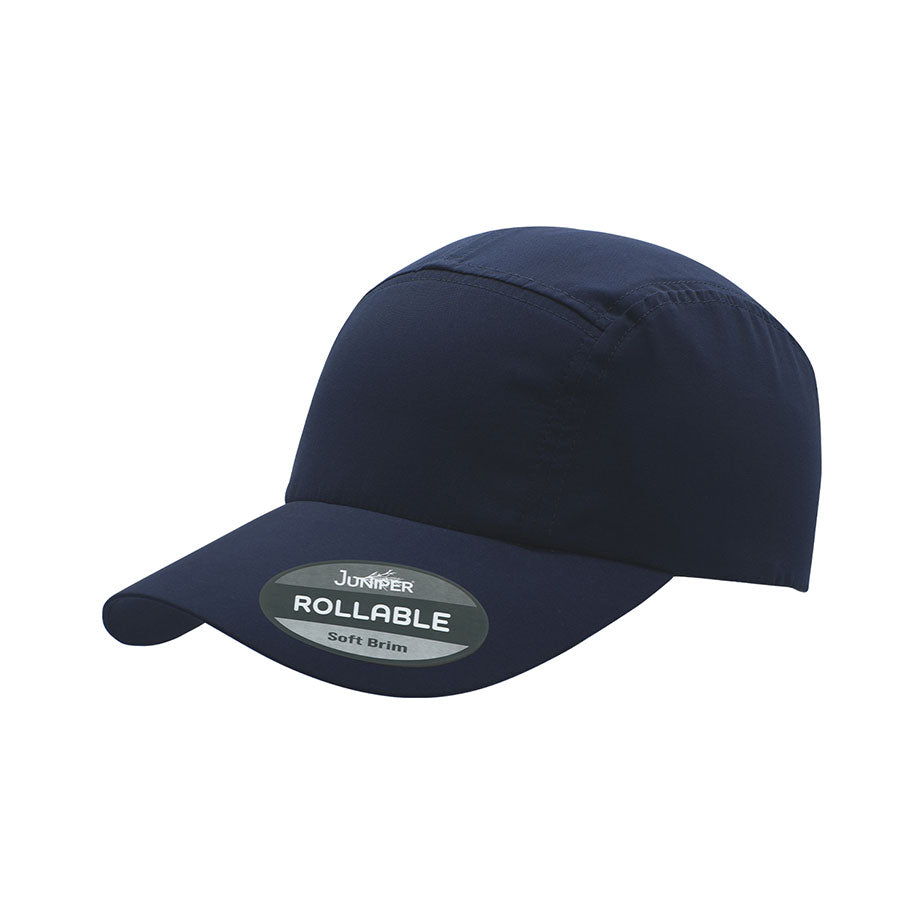 Navy rollable UV biker's cap by Juniper Outdoor, lightweight and foldable for outdoor cycling and sun protection.