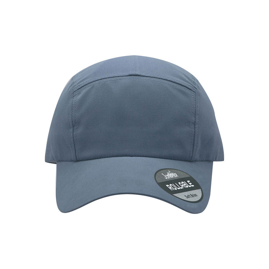 Front view of Juniper Outdoor rollable UV biker's cap in blue, showcasing its flexible, lightweight fabric and stylish design.