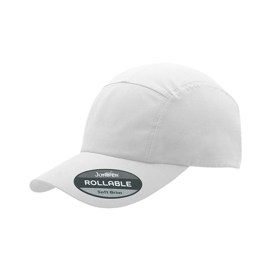 White rollable UV biker's cap by Juniper Outdoor, featuring a lightweight, foldable design for outdoor sun protection.