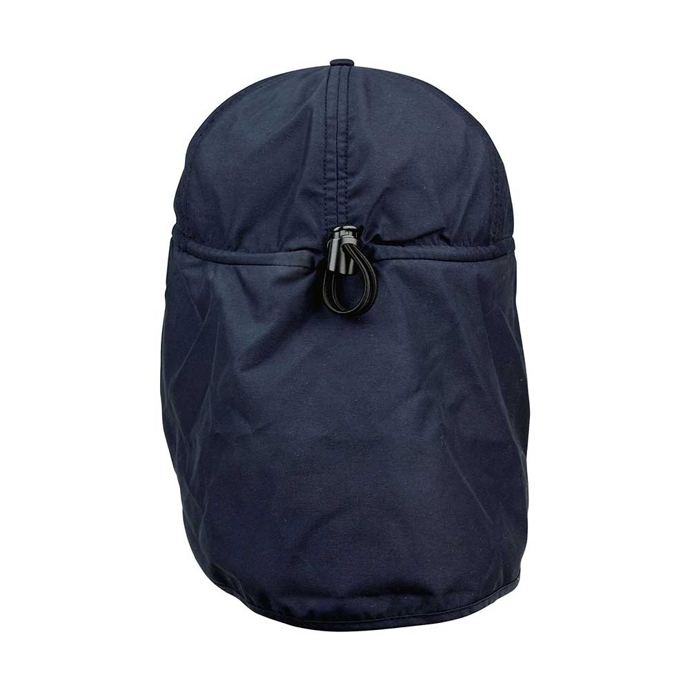 Juniper Outdoor navy flare cap shown from the back, featuring a wide brim and adjustable strap for outdoor sun protection.