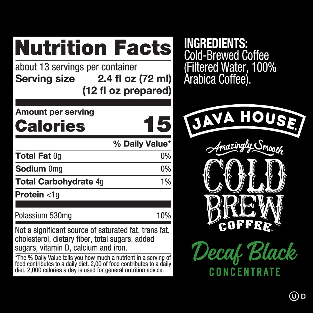 Java House Decaf Cold Brew 4:1 Concentrate in a 32oz bottle, featuring a sleek design and dark liquid inside.