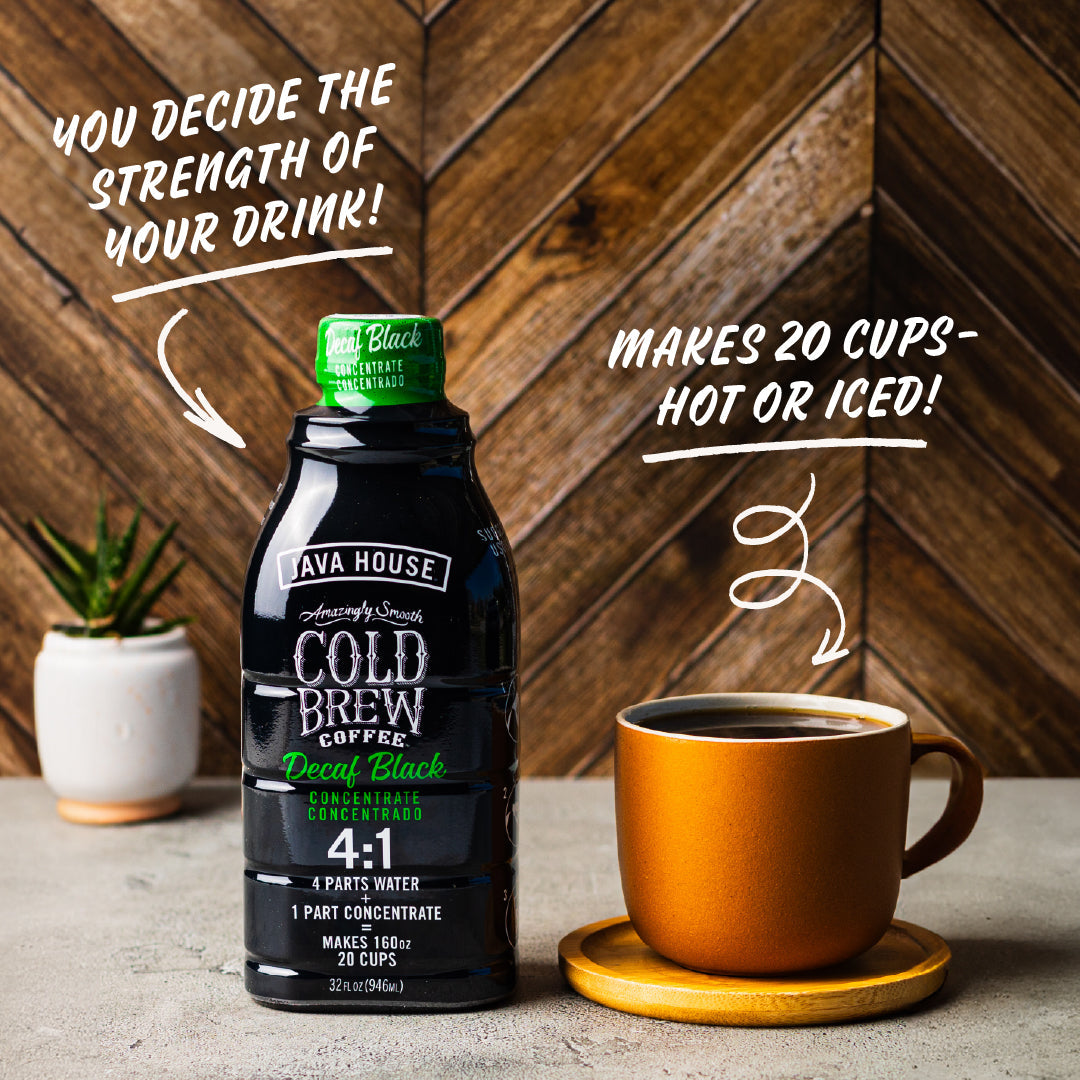 Java House Decaf Cold Brew 4:1 Concentrate in a 32oz bottle with a sleek design and rich coffee color.