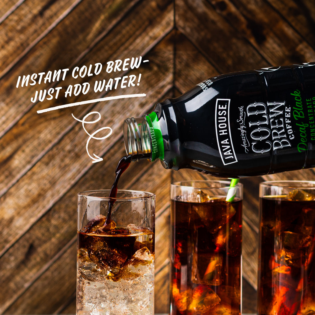 Java House Decaf Cold Brew 4:1 Concentrate in a 32oz bottle, showcasing the label and liquid inside.