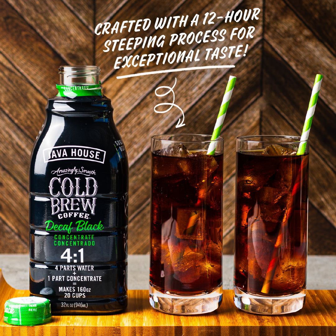 Java House Decaf Cold Brew 4:1 Concentrate in a 32oz bottle with a dark liquid and label showing brand and product details.