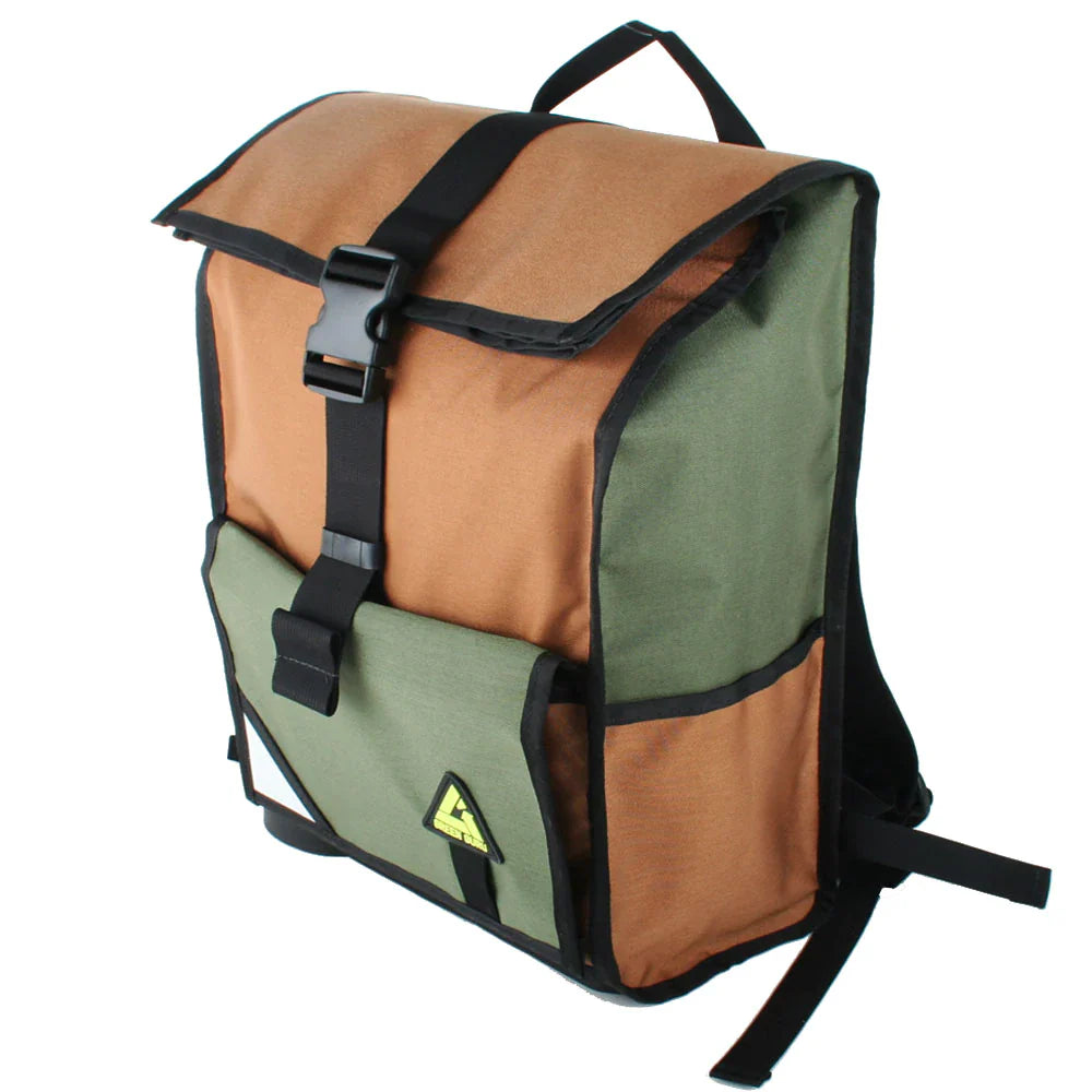 Green Guru Joyride Roll Top Backpack by ZEITBIKE, side view showing durable earth-tone fabric, roll-top closure, and adjustable straps.