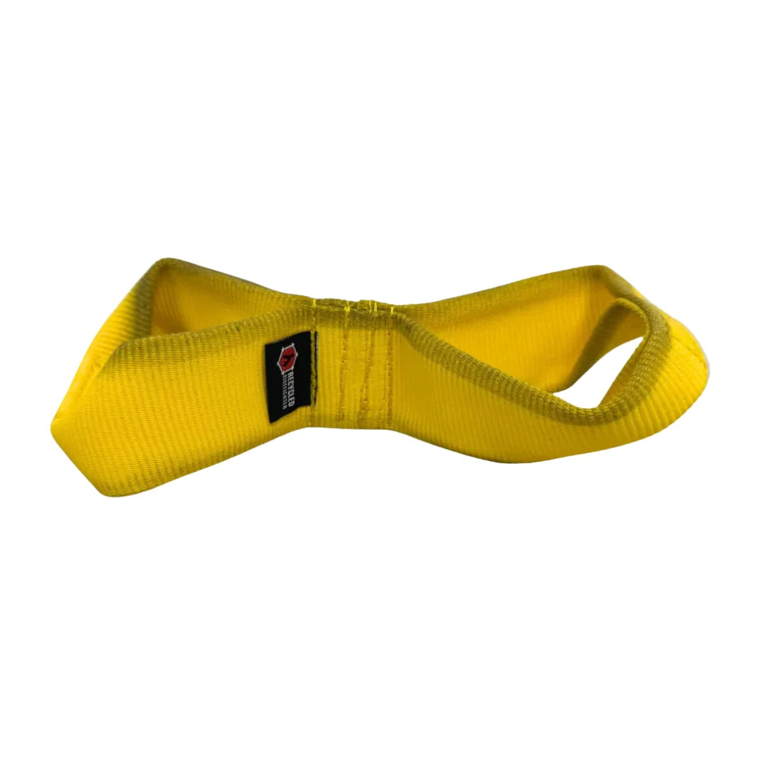 Yellow JR Tugs-A-Lot double-loop firehose tug toy for dogs by Recycled Firefighter, featuring durable, sturdy design.