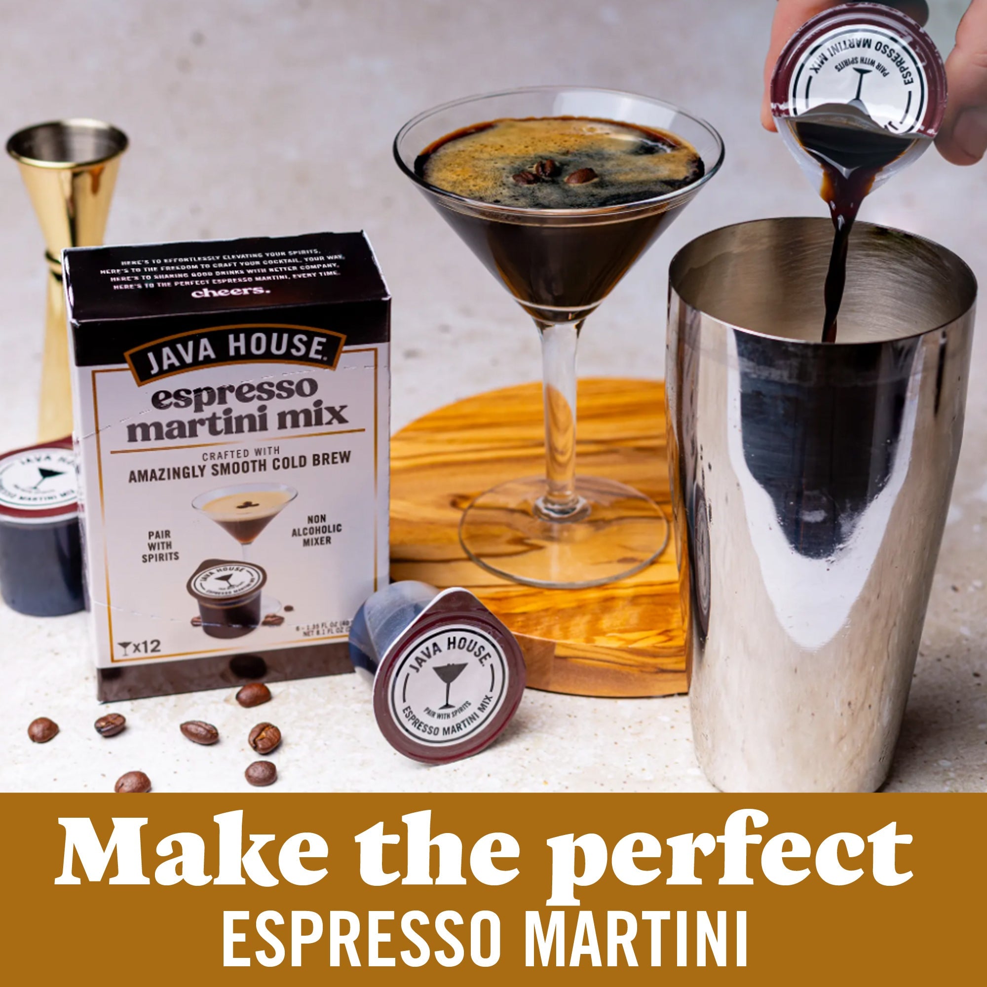 Java House Cold Brew Espresso Martini Mix in a bottle, ready to create coffee-flavored cocktails at home.