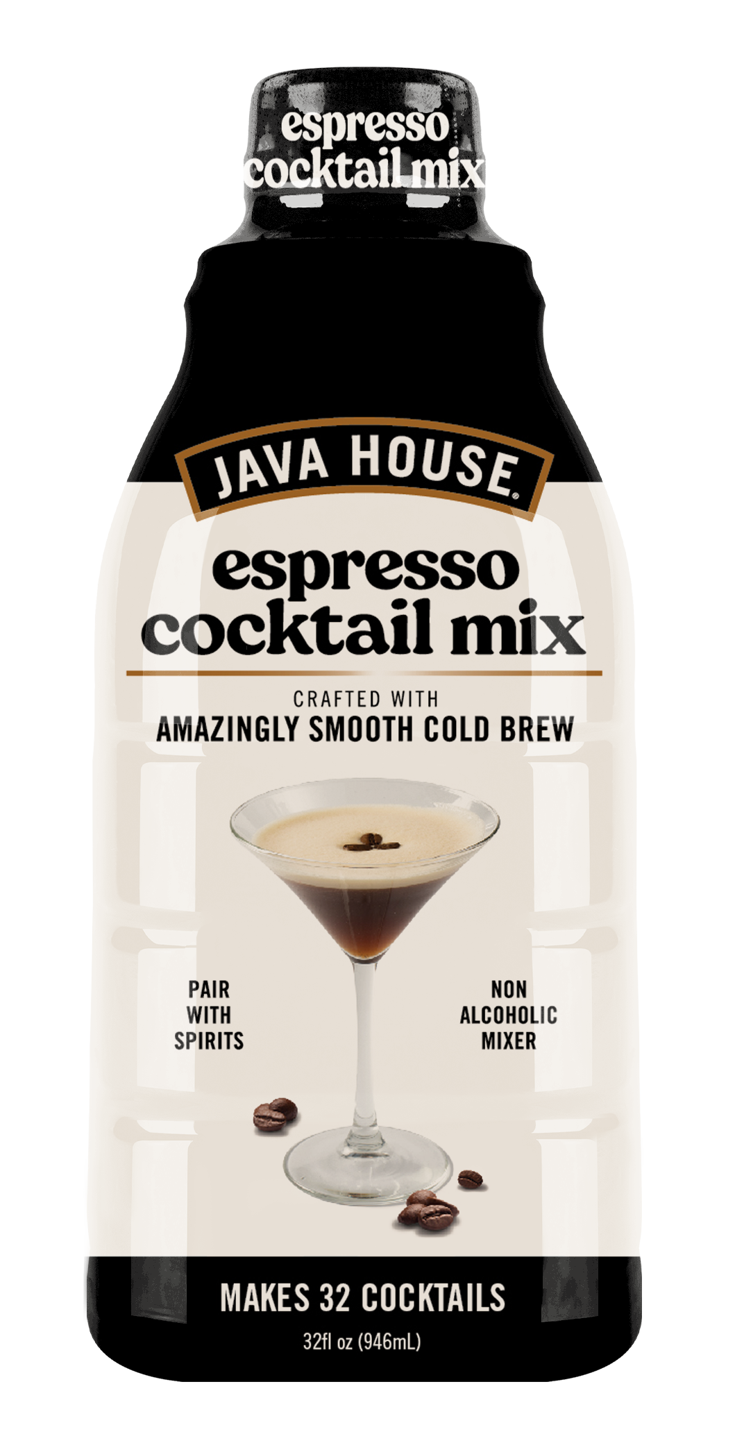 Java House Cold Brew Espresso Martini Mix peel-and-pour pods in a 32oz container, perfect for quick cocktail preparation.