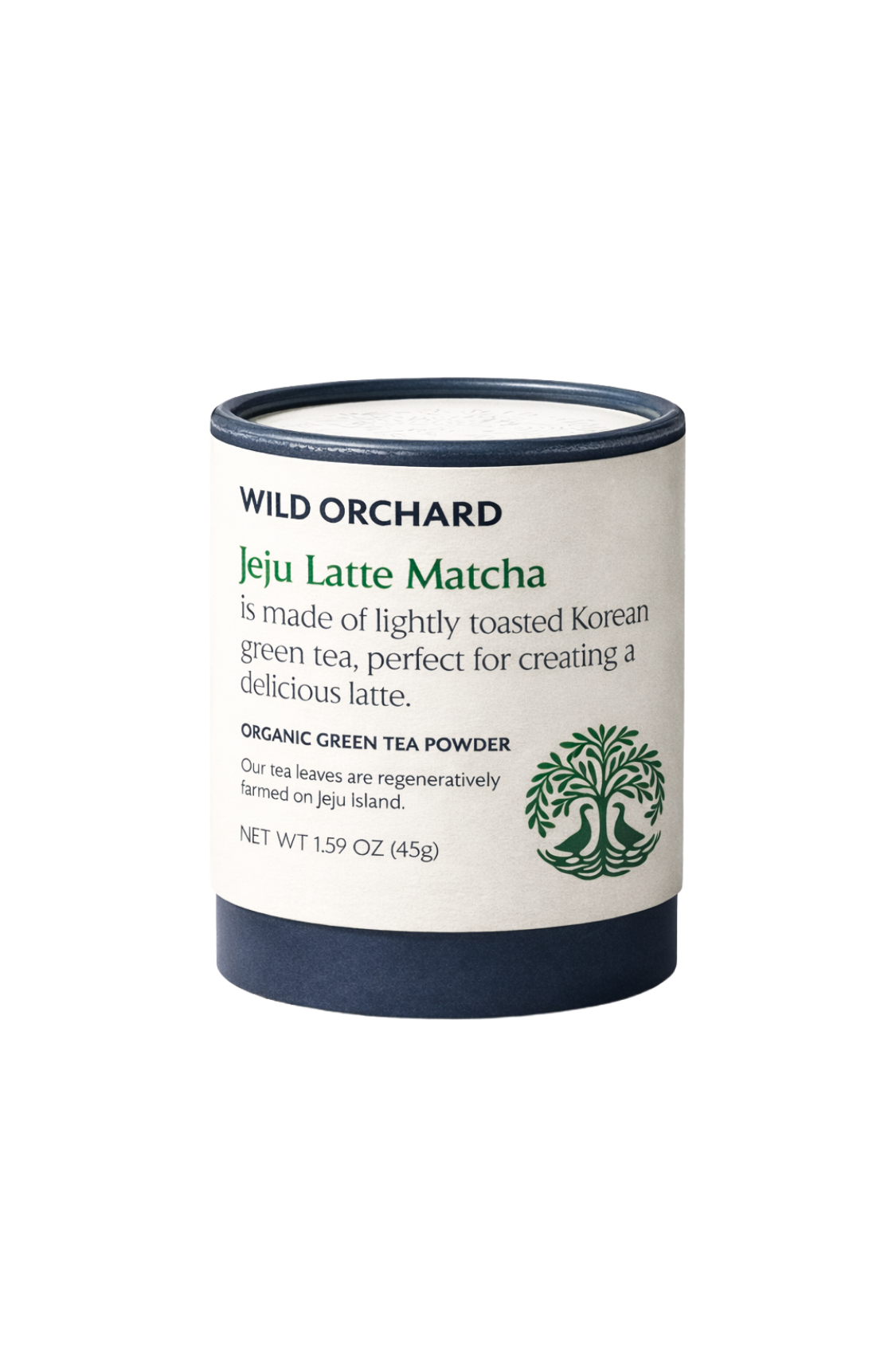 Organic Jeju Latte Matcha powder by Wild Orchard in a green-tinted container, with the powder visible inside.