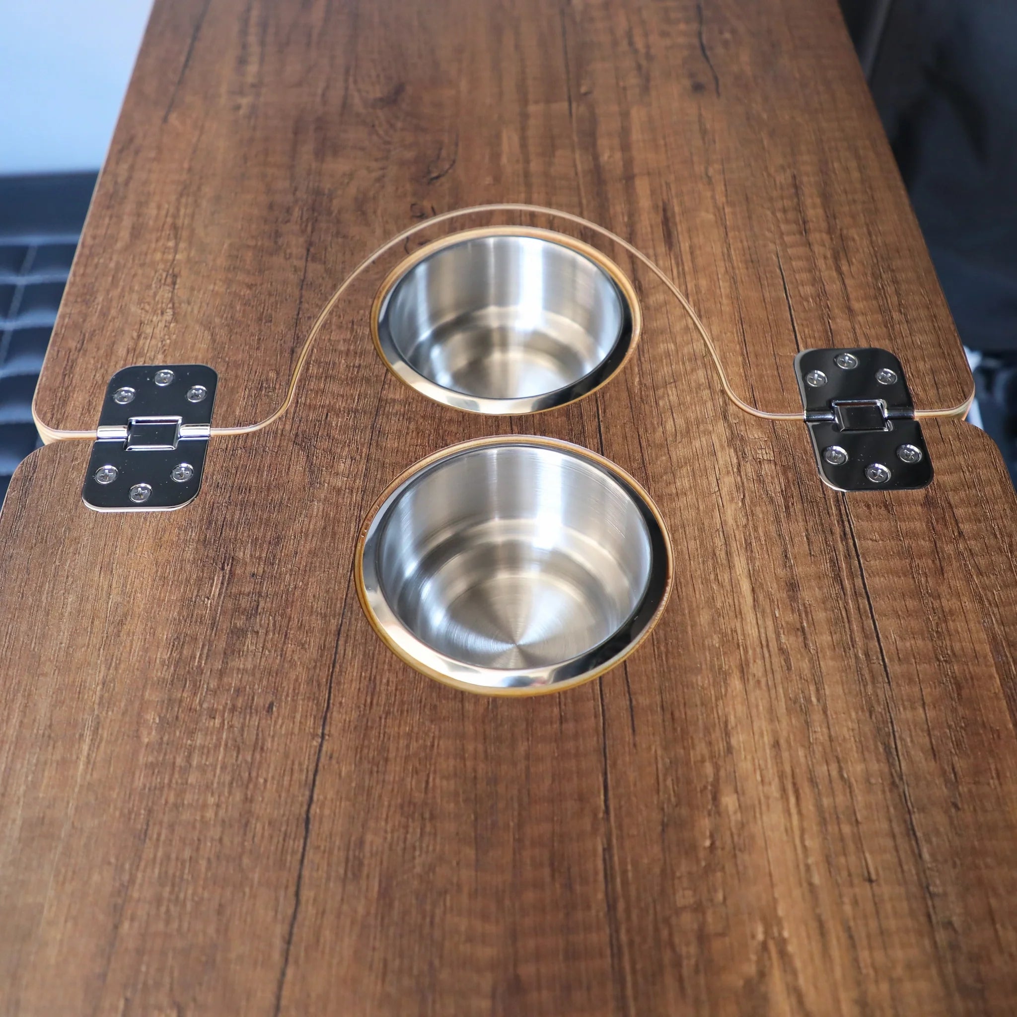 Canyon Adventure Vans Jenna 2.0 folding table top in Gavi Oak finish, showcasing a compact, portable surface with a natural wood look.