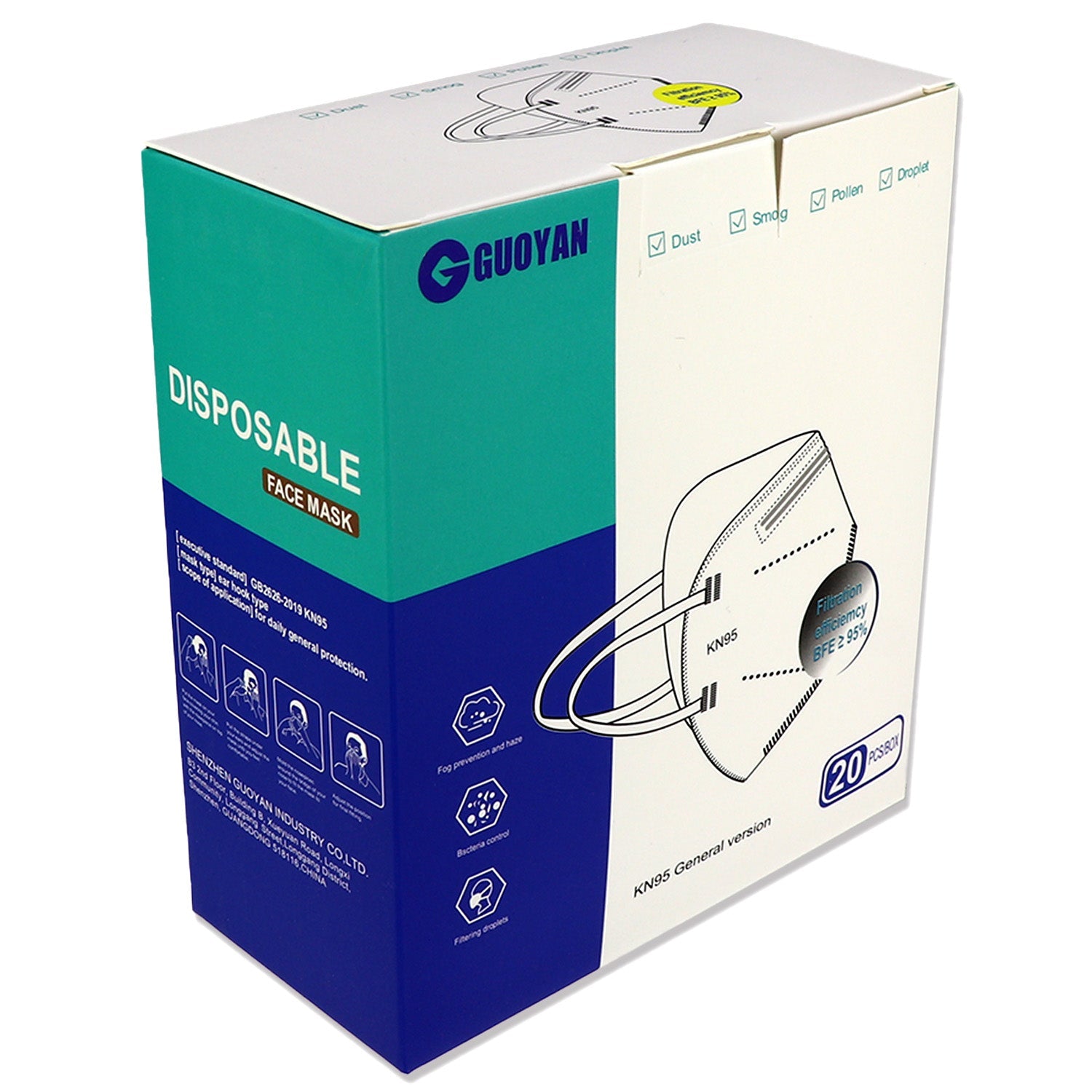 Set of 20 KN95 masks from quakekits.com, showing protective face masks with ear loops and layered filtering design.
