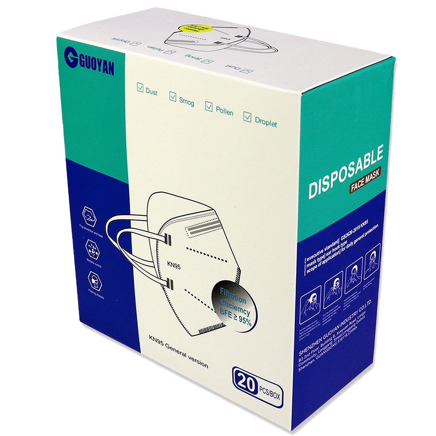 20-pack of QuakeKits KN95 masks showing protective face masks with ear loops and filter material for safety and filtration.