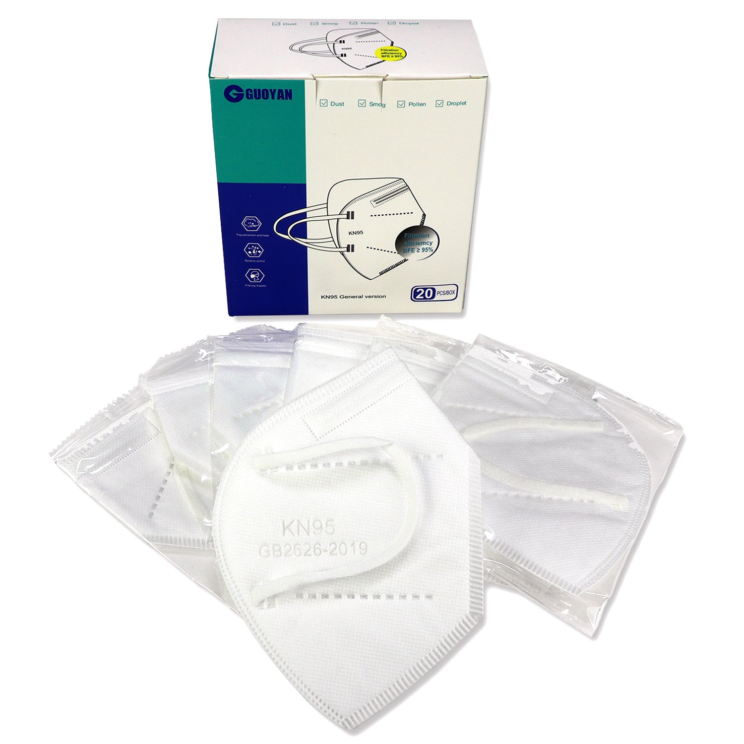 Pack of 20 Quakekits KN95 masks with ear loops, shown in a close-up image, designed for respiratory protection and filtration.