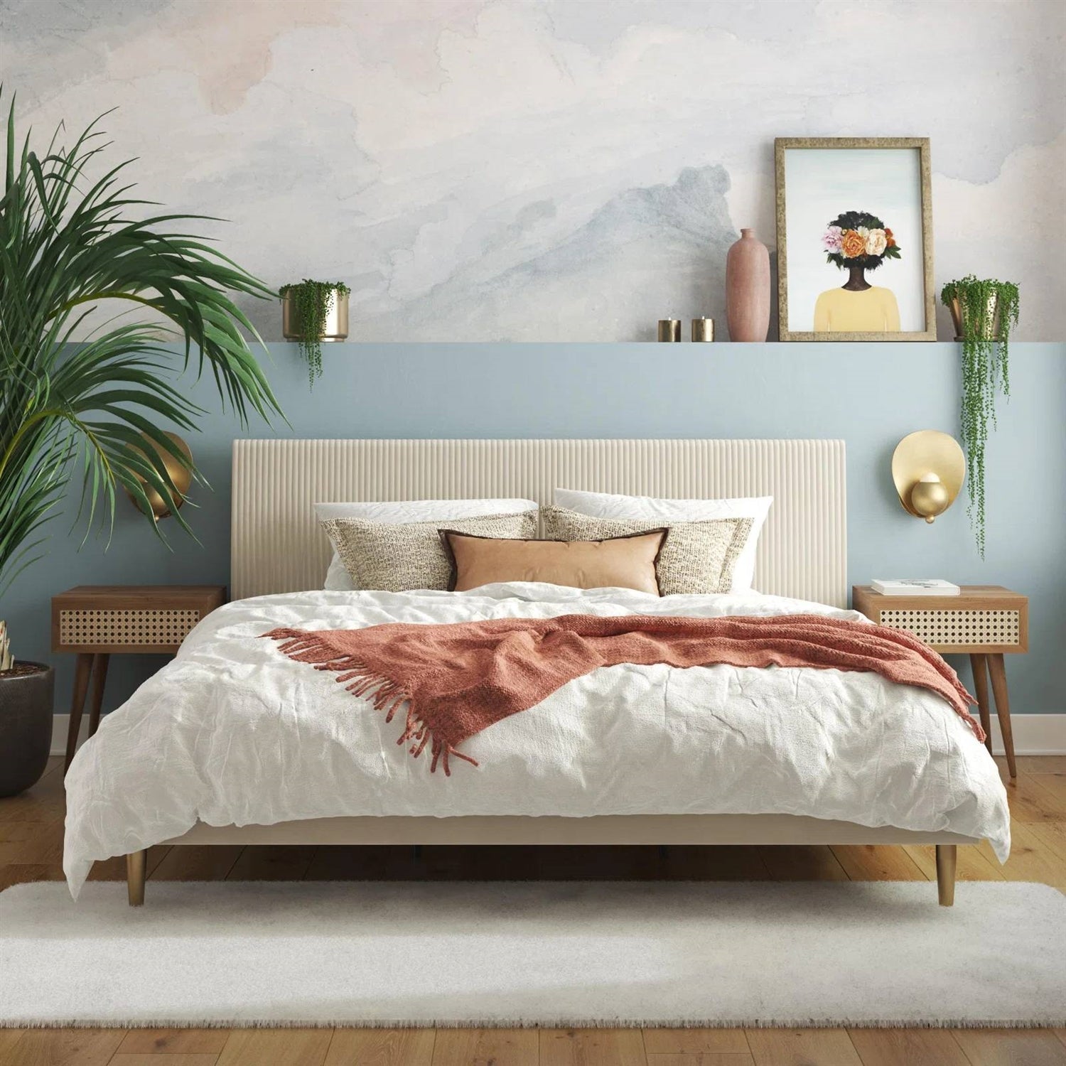 King Mid-Century Off-White Velvet Upholstered Platform Bed Frame with Headboard - OVERLANDERS Outfitter