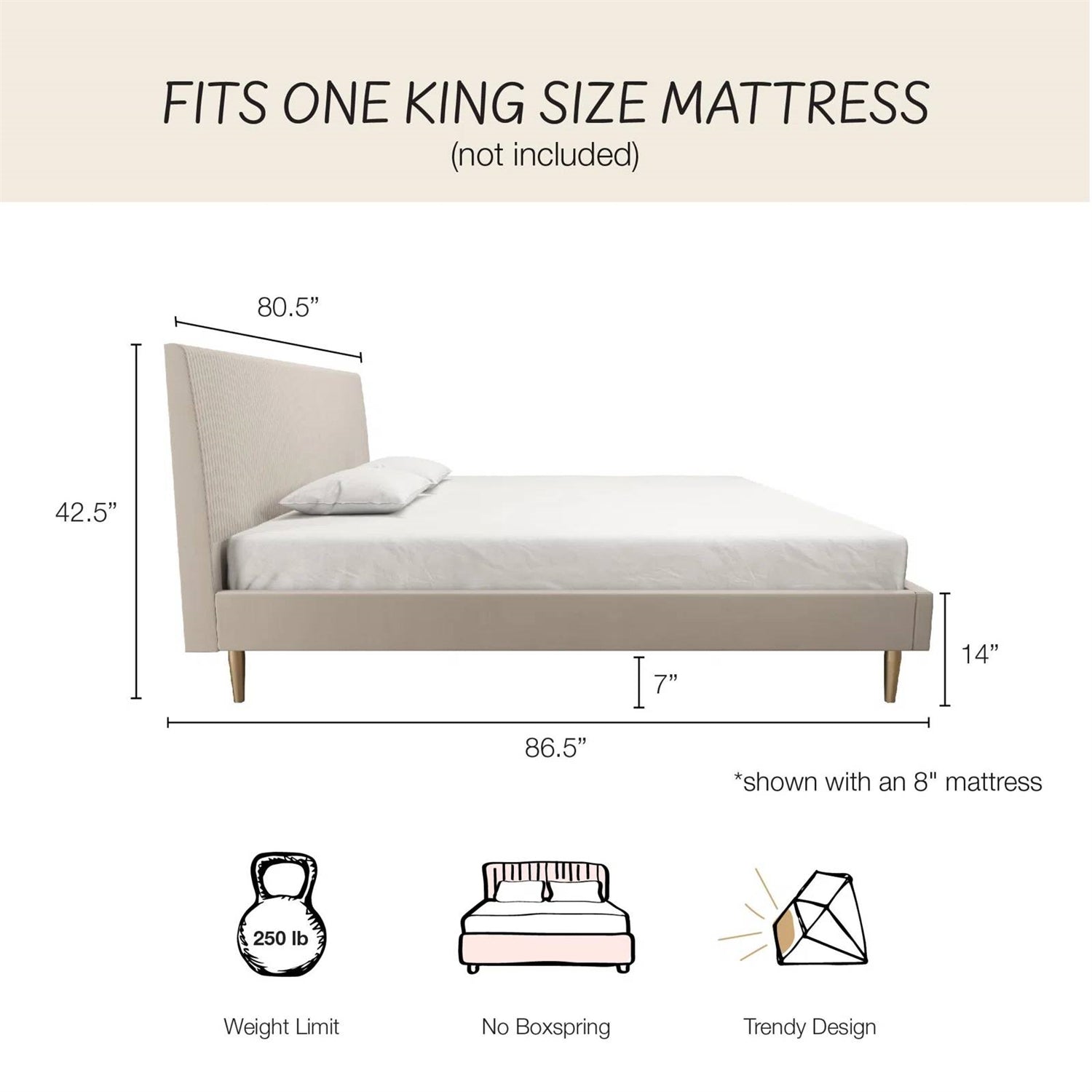 King Mid-Century Off-White Velvet Upholstered Platform Bed Frame with Headboard - OVERLANDERS Outfitter