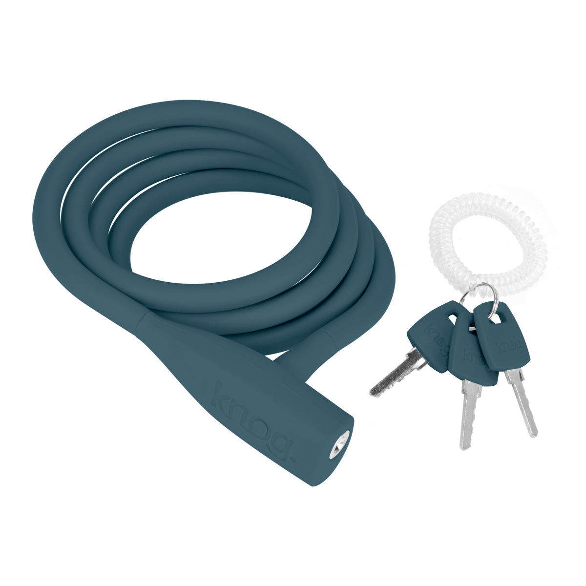 Knog Party Coil cable lock by ZEITBIKE, indigo color, coiled design, with key mechanism for securing bicycles.