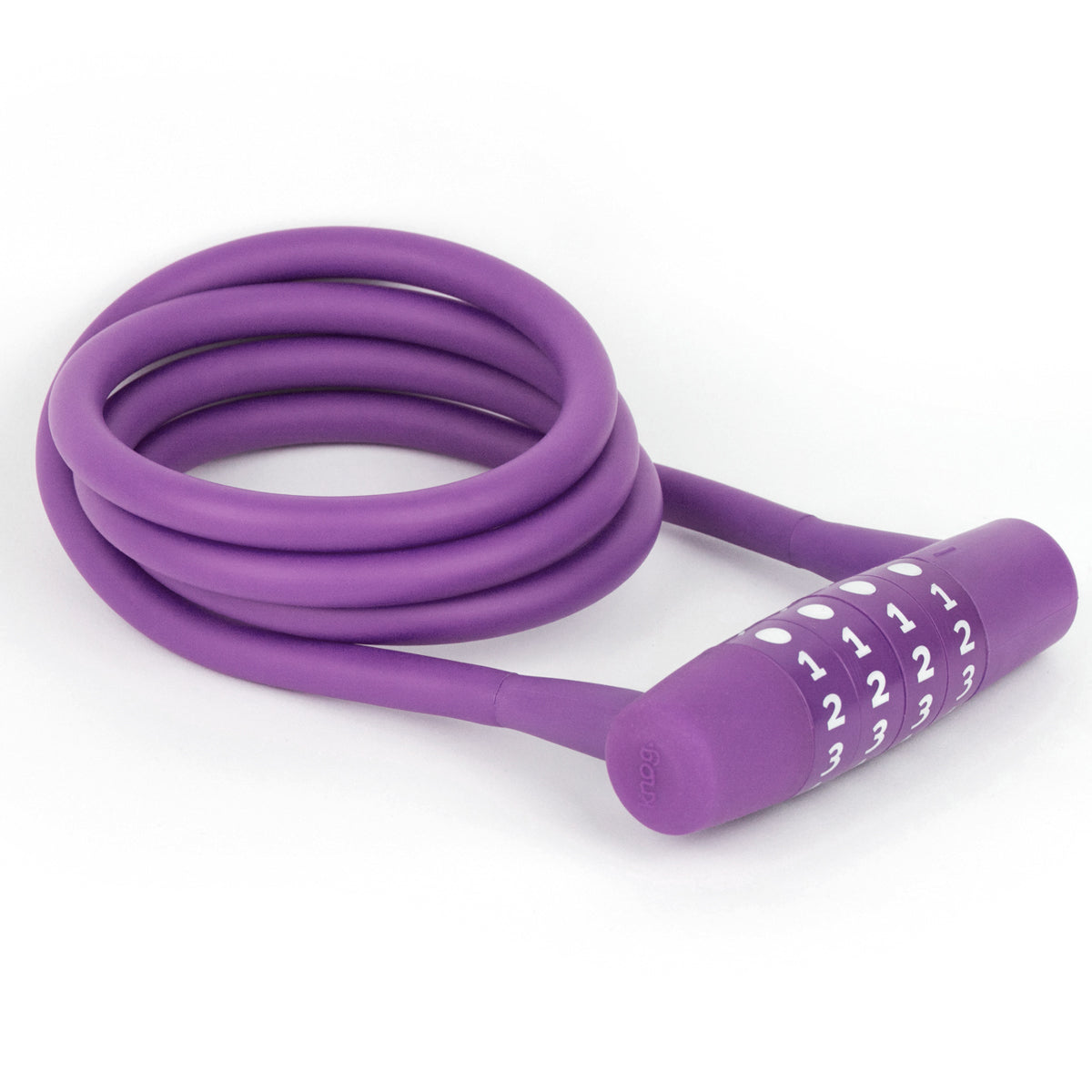 Knog Twisted Combo Cable Lock by ZEITBIKE, white with purple accents, coiled cable lock for bike security on a plain background.