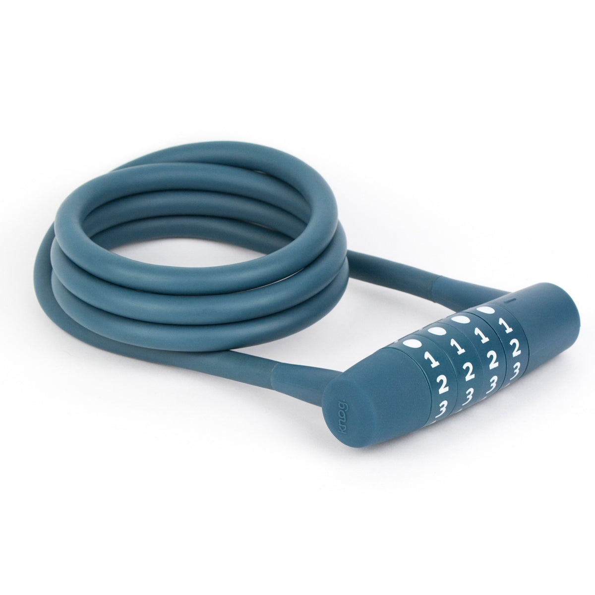 Knog Twisted Combo Cable Lock by ZEITBIKE, indigo and white color, coiled cable lock with combination dial on a white background.