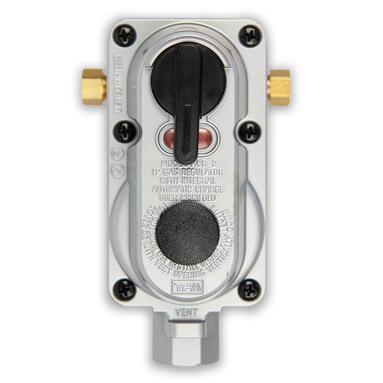 Flame King 2-stage auto propane gas regulator with cover, long mounting bracket, and 2-12 inch pigtails for RV and trailer use