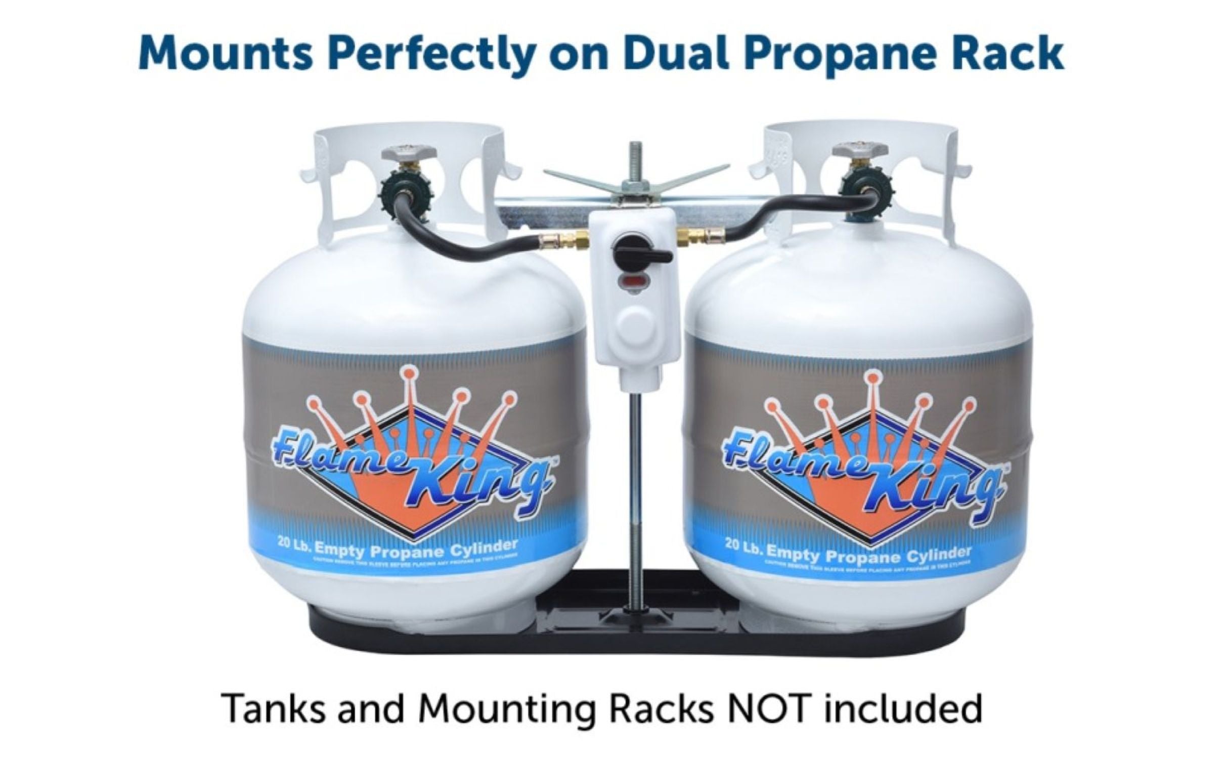 Flame King 2-Stage Auto Propane Gas Regulator for RV and trailer, with plastic cover, long mount bracket, and two 12-inch pigtails.