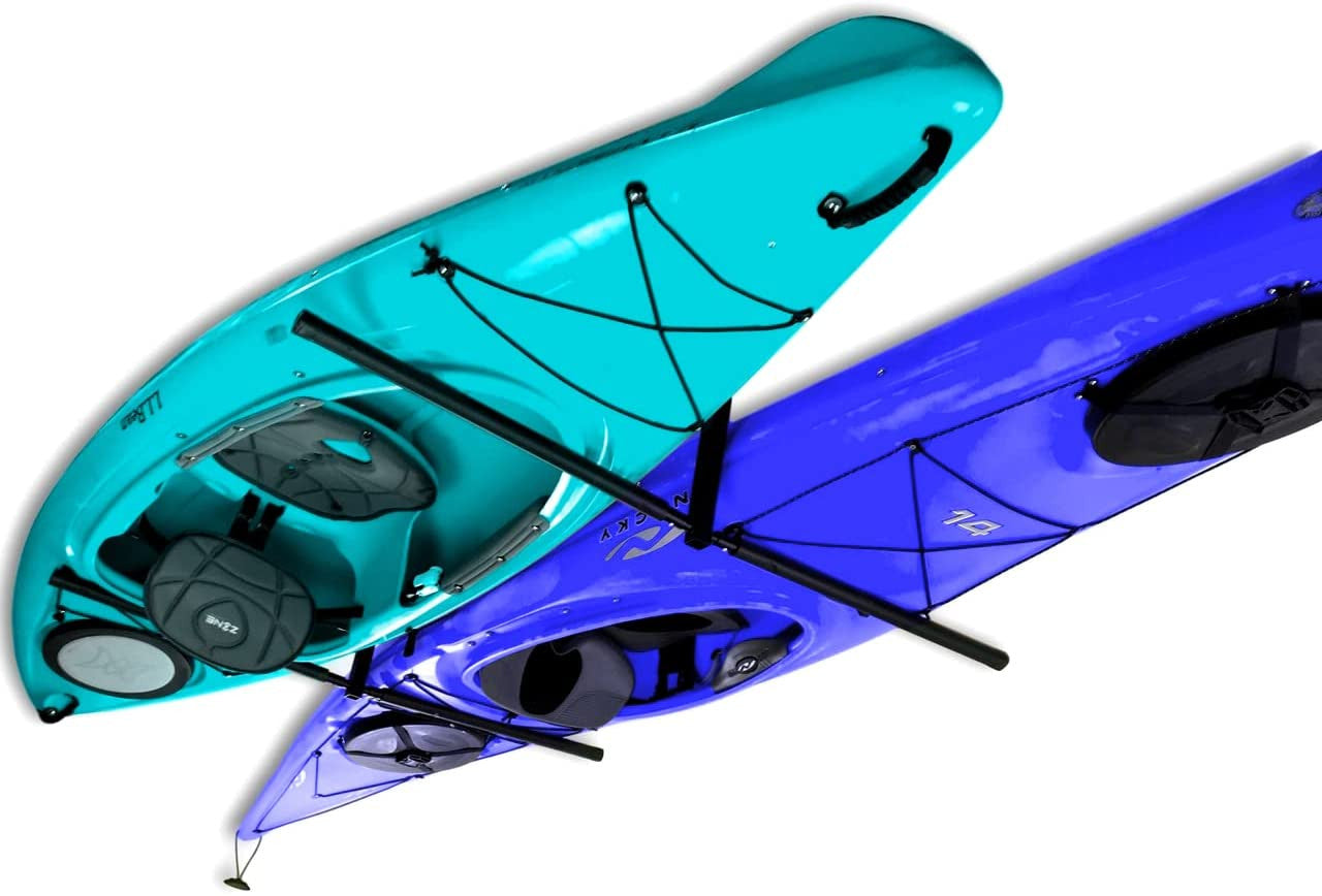 Two kayaks, one turquoise and one blue, attached to a kayak rack on a white background.