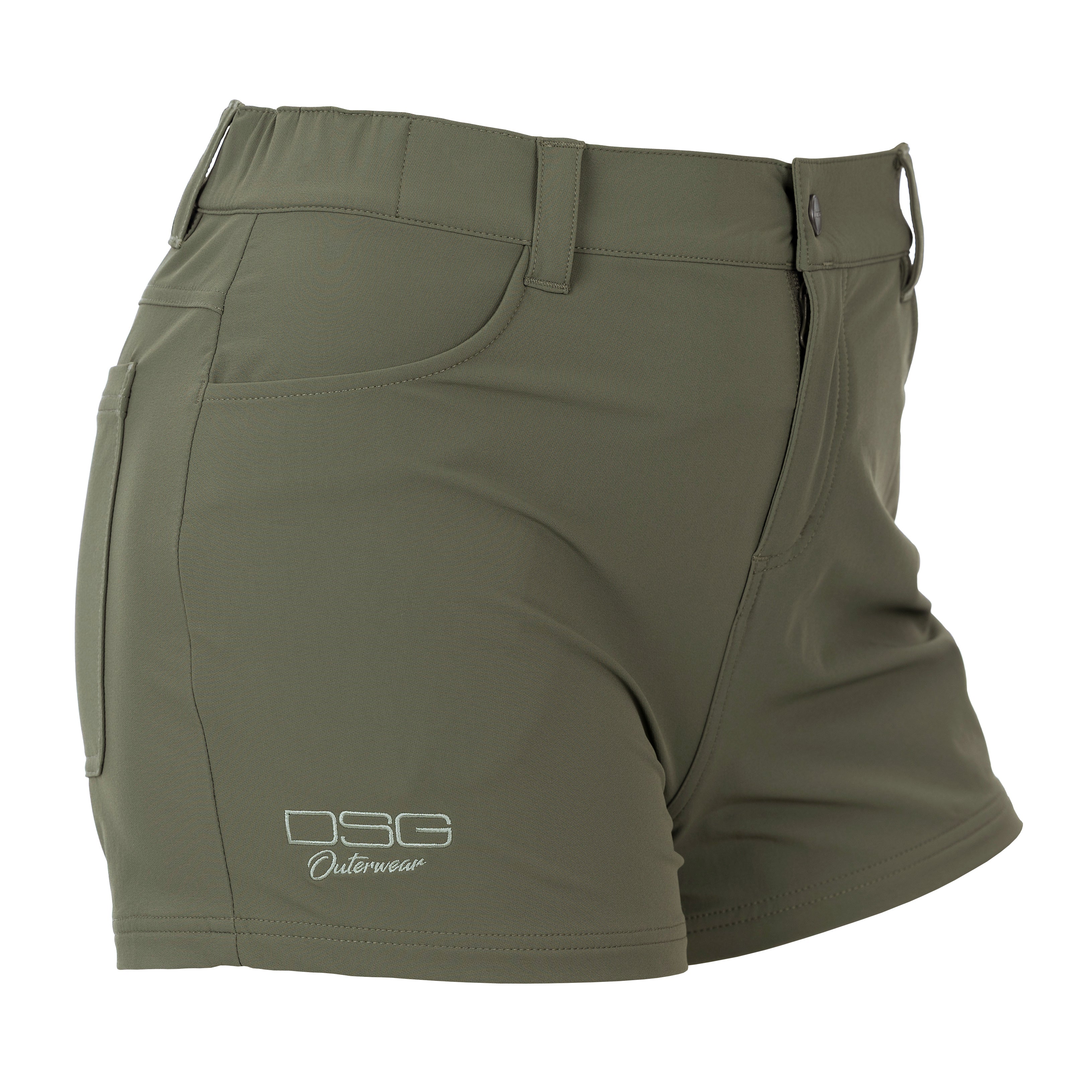 Kelsey Short by DSG Outerwear in sage color, angled view showing lightweight, casual shorts with a relaxed fit.