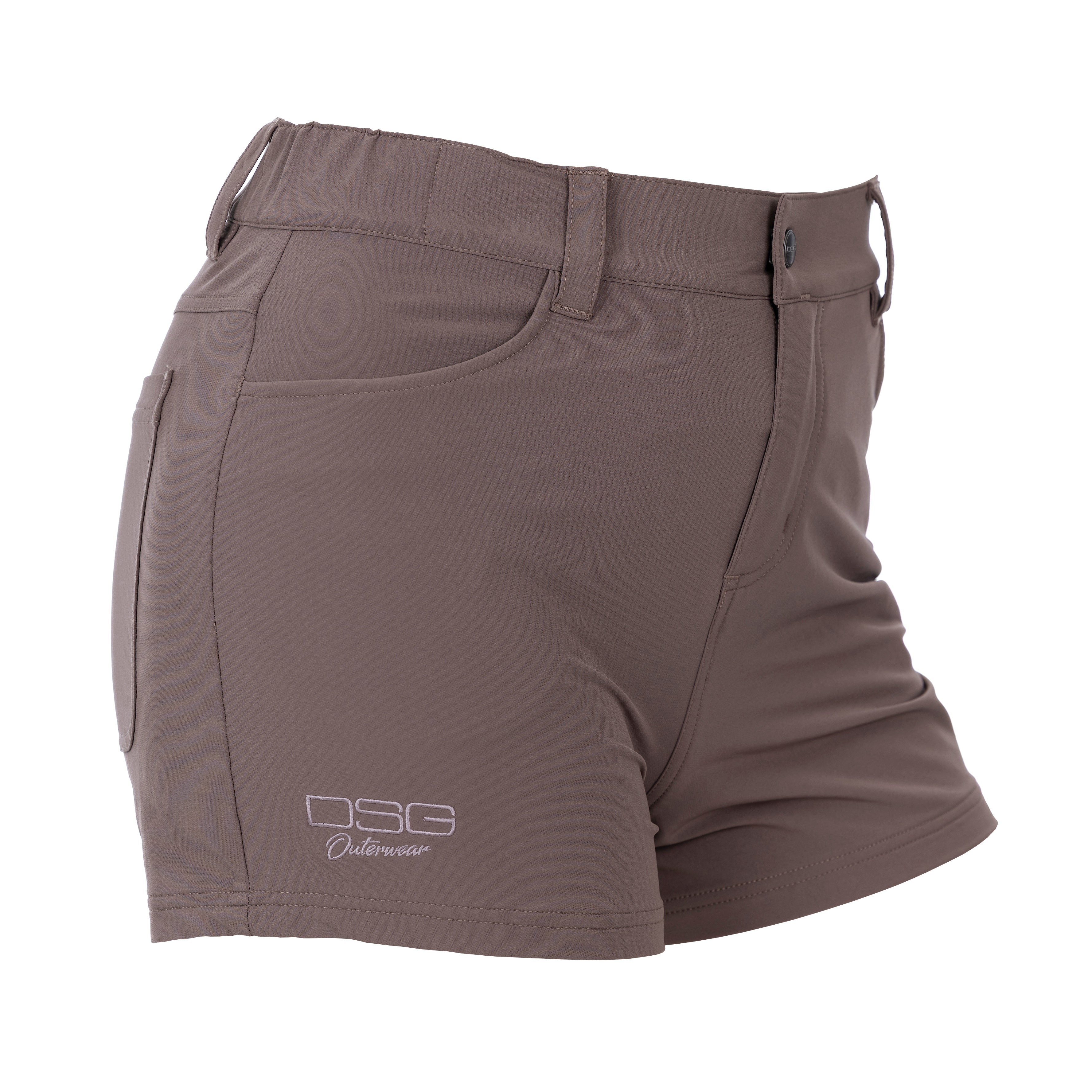 Kelsey Short denim shorts by DSG OUTERWEAR in smokey mauve with a 26-inch waist and fishhook detailing.