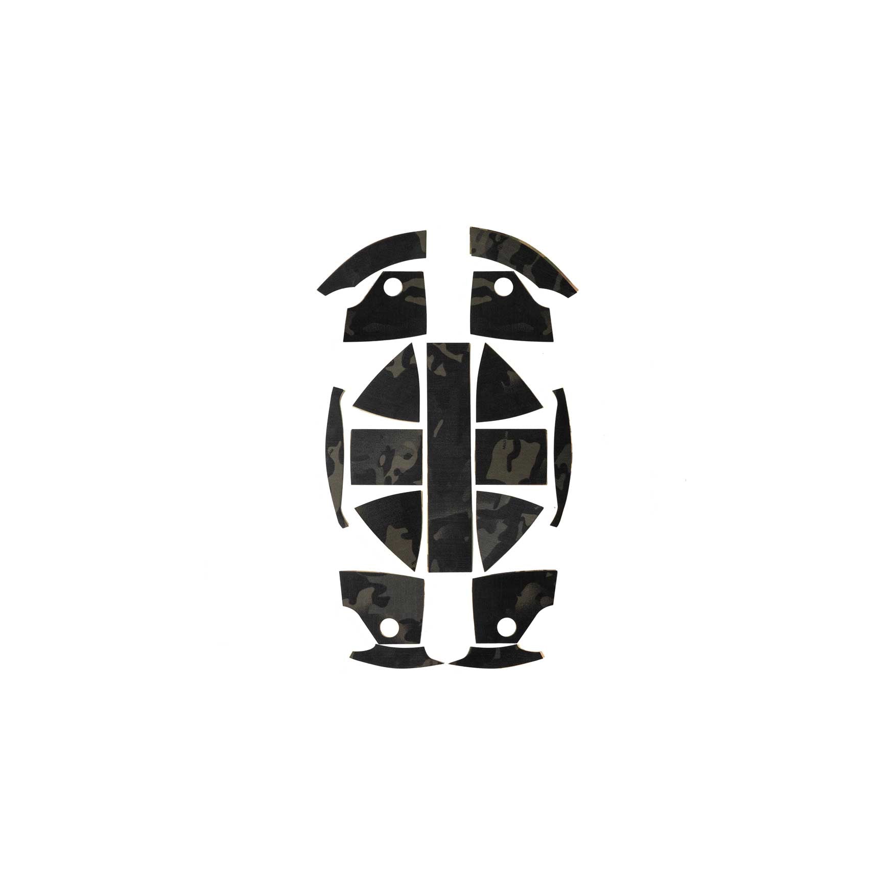 Kevy Ranger Wrap Hard Hat Skin by Hard Head Veterans in Multicam Black camouflage pattern on a hard hat.