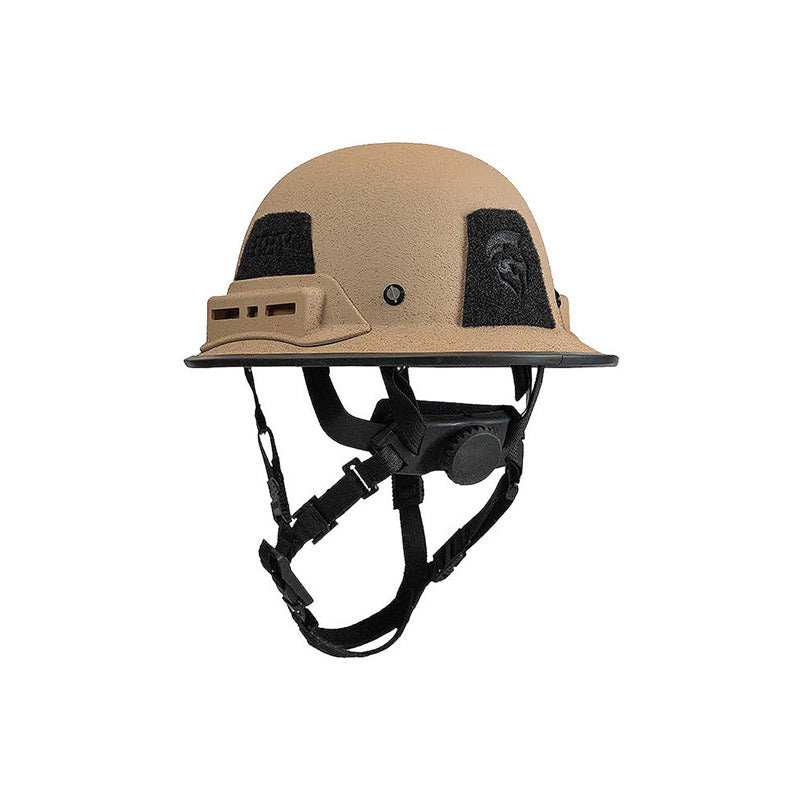 Kevy™ hard hat safety helmet by Hard Head Veterans, tan color, viewed from rear left side.