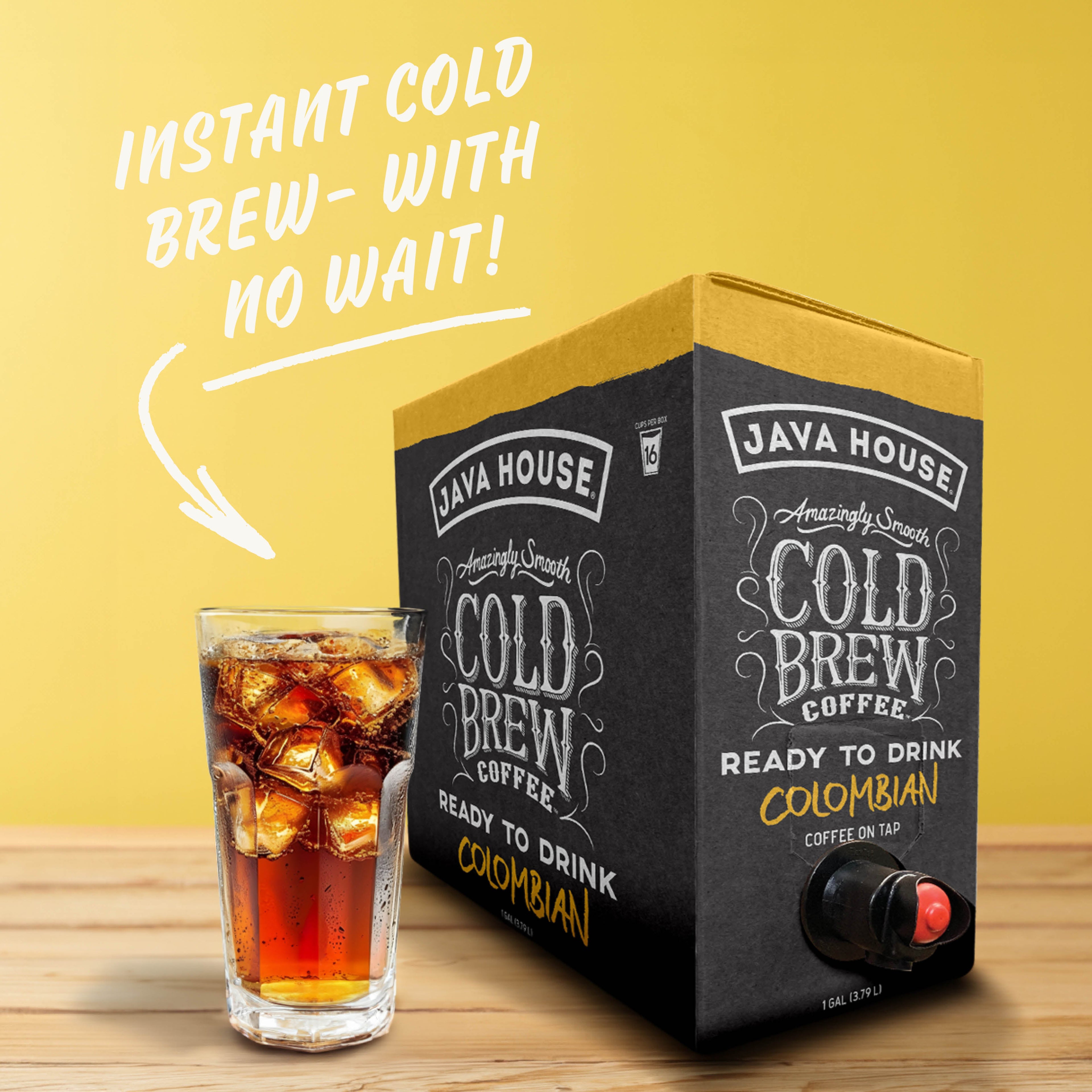Cold brew on tap from Java House featuring Colombian coffee served in a clear glass with ice and a straw.