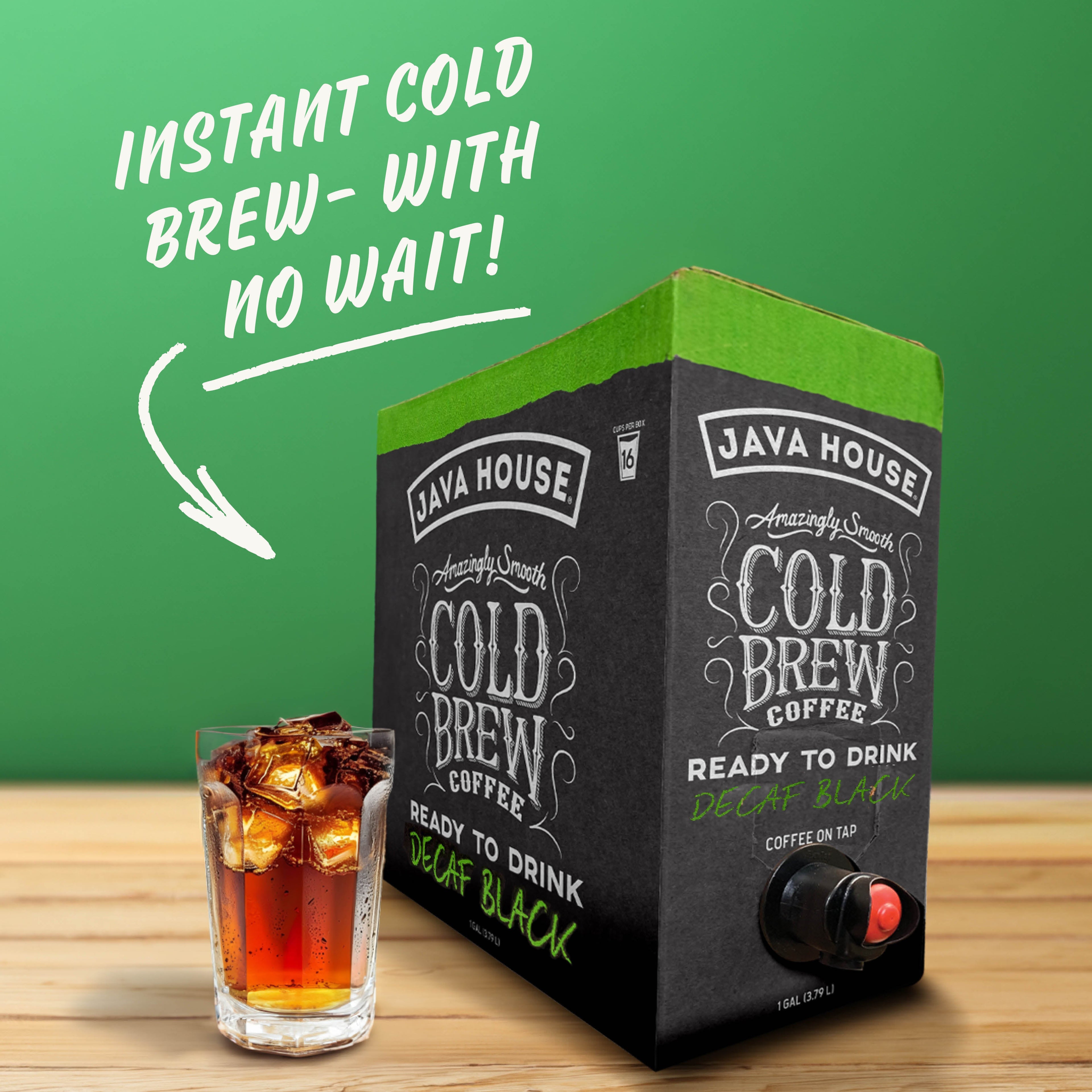 Java House Cold Brew On Tap - Decaf coffee in a sleek, modern keg with a tap for easy serving.
